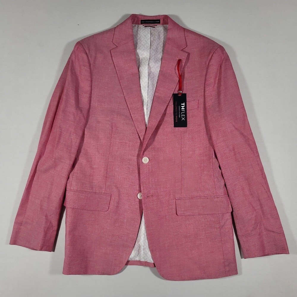 Tommy Hilfiger Red Modern-Fit Stretch Chambray Blazer Mens 42L Cotton Sport Coat - Picture 2 of 4